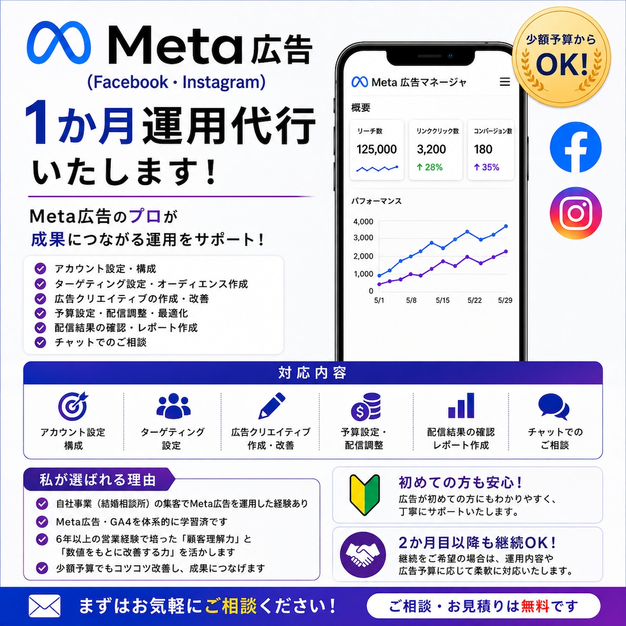 Meta広告を1ヶ月丁重に運用します Meta広告の配信設定から改善まで対応します イメージ1