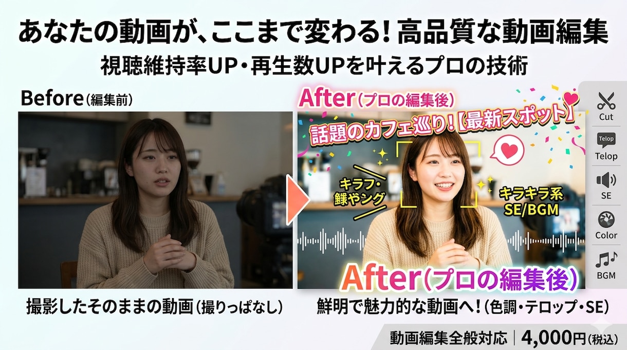 魅力を引き出す高品質な動画編集を代行します 視聴者の目を惹きつける、SNSに最適な動画を制作します！ イメージ1