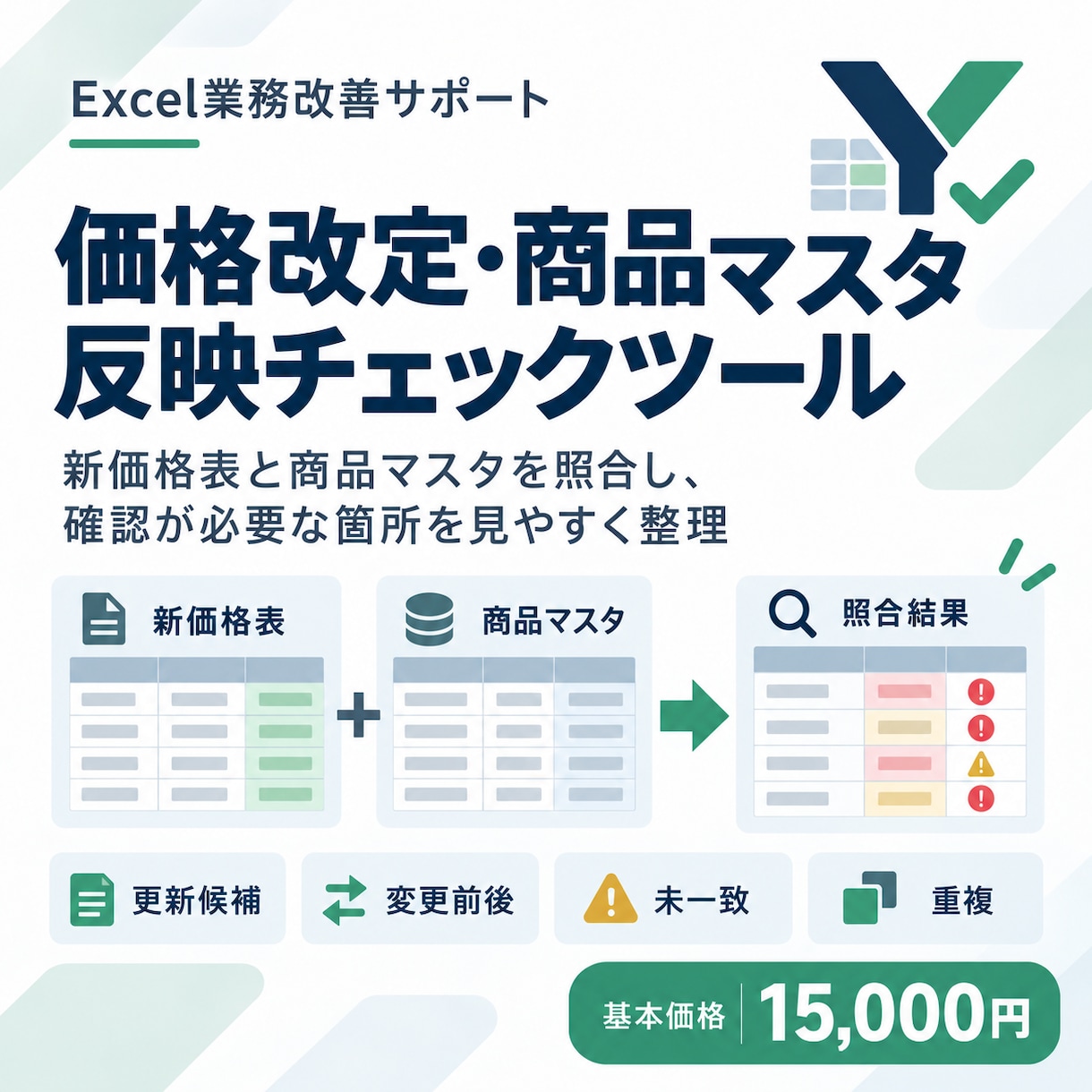価格改定・商品マスタの確認ツールを作成します 毎回の価格改定、確認が必要な箇所を見やすく整理します イメージ1