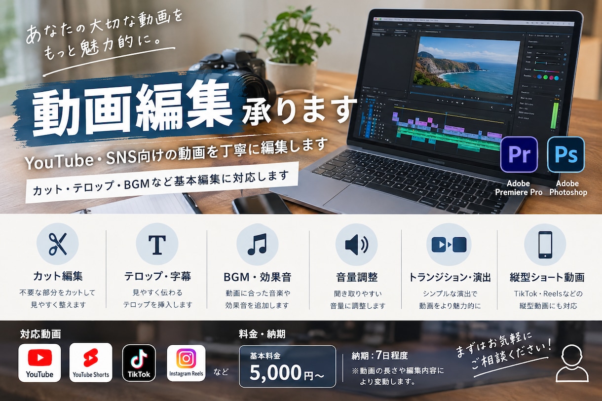 YouTube・SNS向けの動画を丁寧に編集します カット・テロップ・BGMなど基本編集に対応します イメージ1