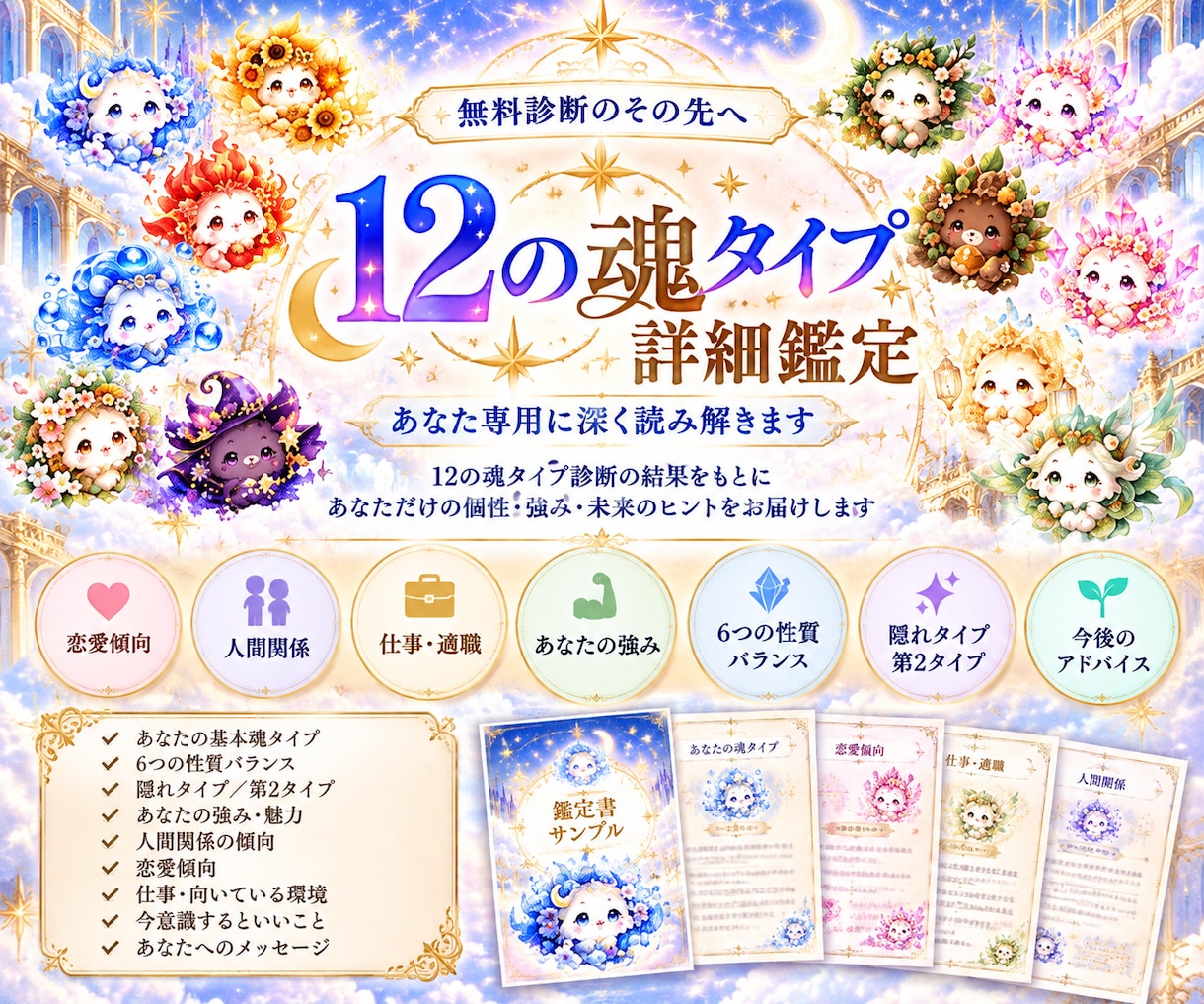 12の魂タイプを深掘りしてあなた専用に鑑定します 無料診断のその先へ。あなたの強み・恋愛・仕事を詳しく イメージ1