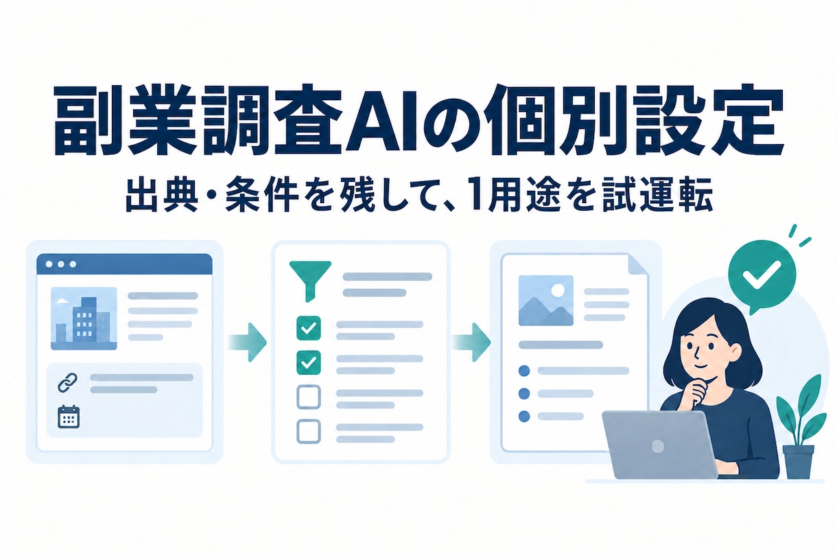 副業候補リサーチAIの導入を個別に支援します 出典と条件を残す副業調査を1用途から試運転 イメージ1