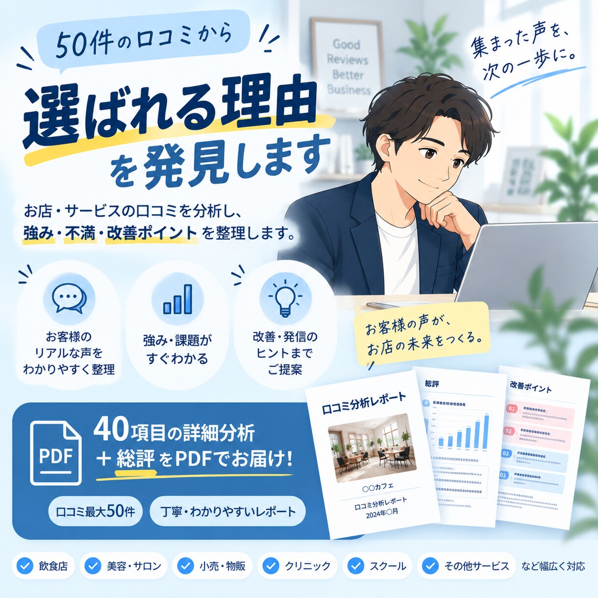 口コミから「選ばれる理由」を分析します お客様の本音を、次の一手に変えます イメージ1