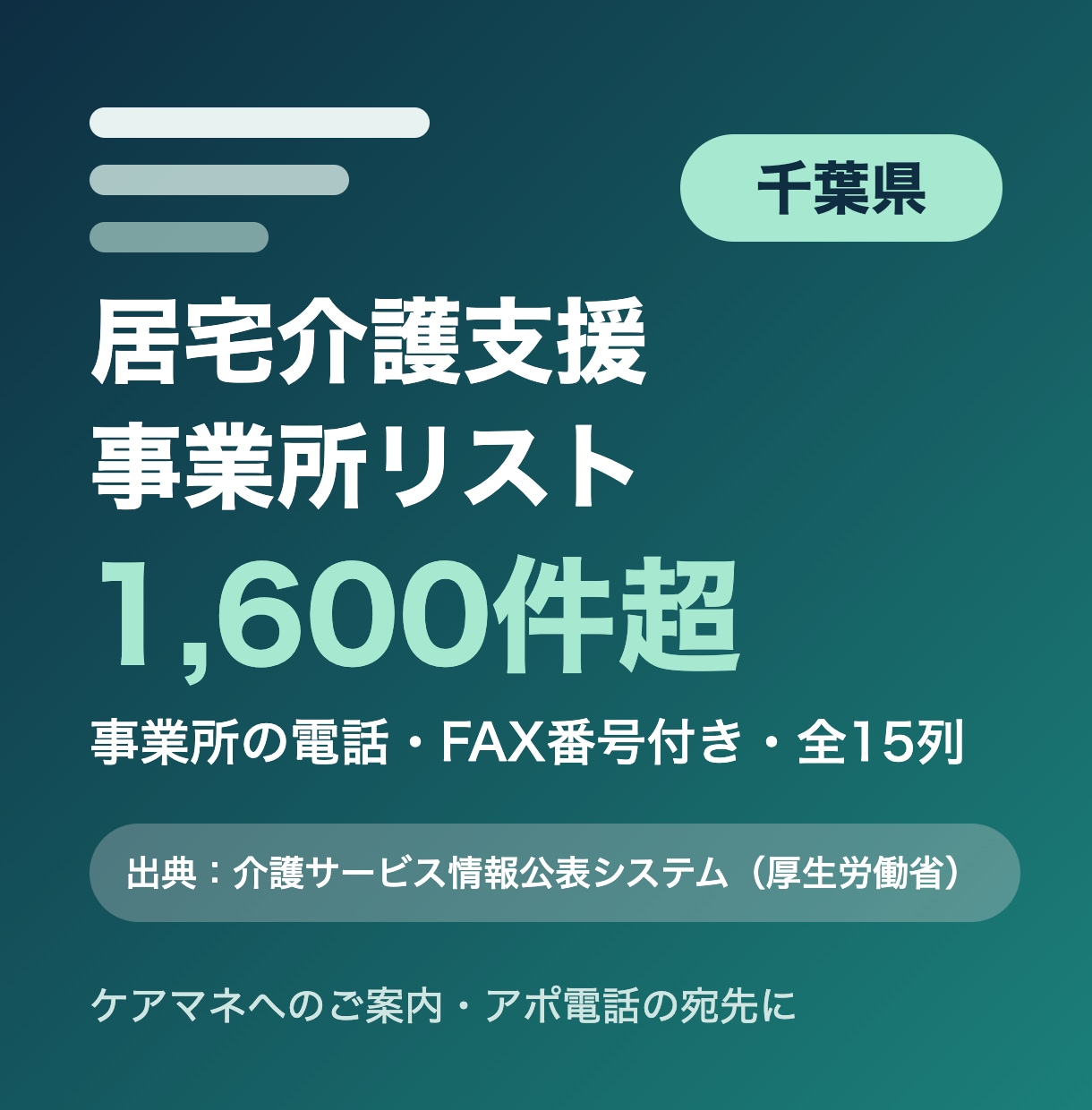 千葉県の居宅介護支援事業所リストをお届けします 千葉県限定・事業所の電話・FAX番号付き・全15列 イメージ1