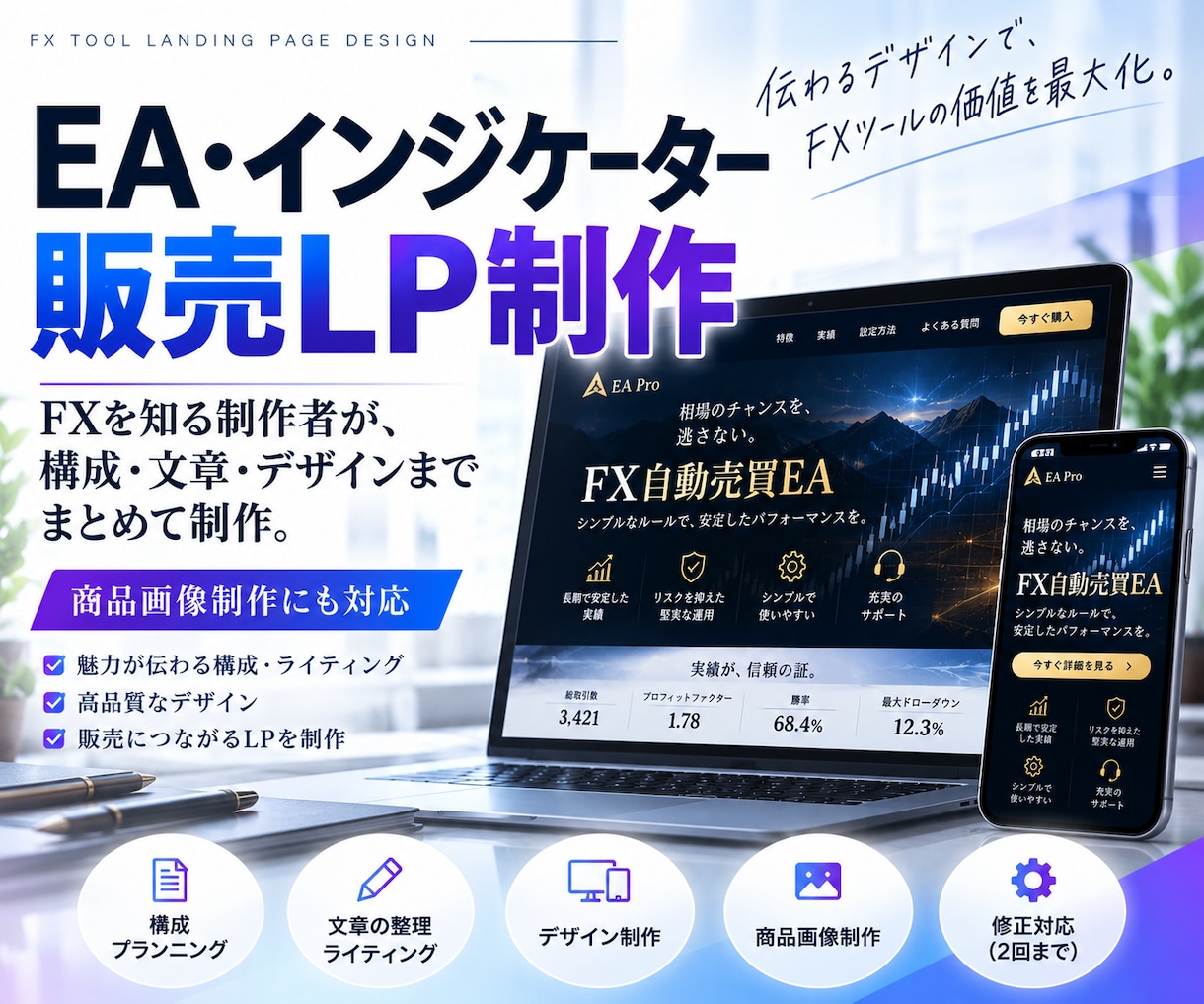 EA・インジケーター販売用のLPを制作します FXを知る制作者が、構成・文章・デザインまでまとめて制作 イメージ1