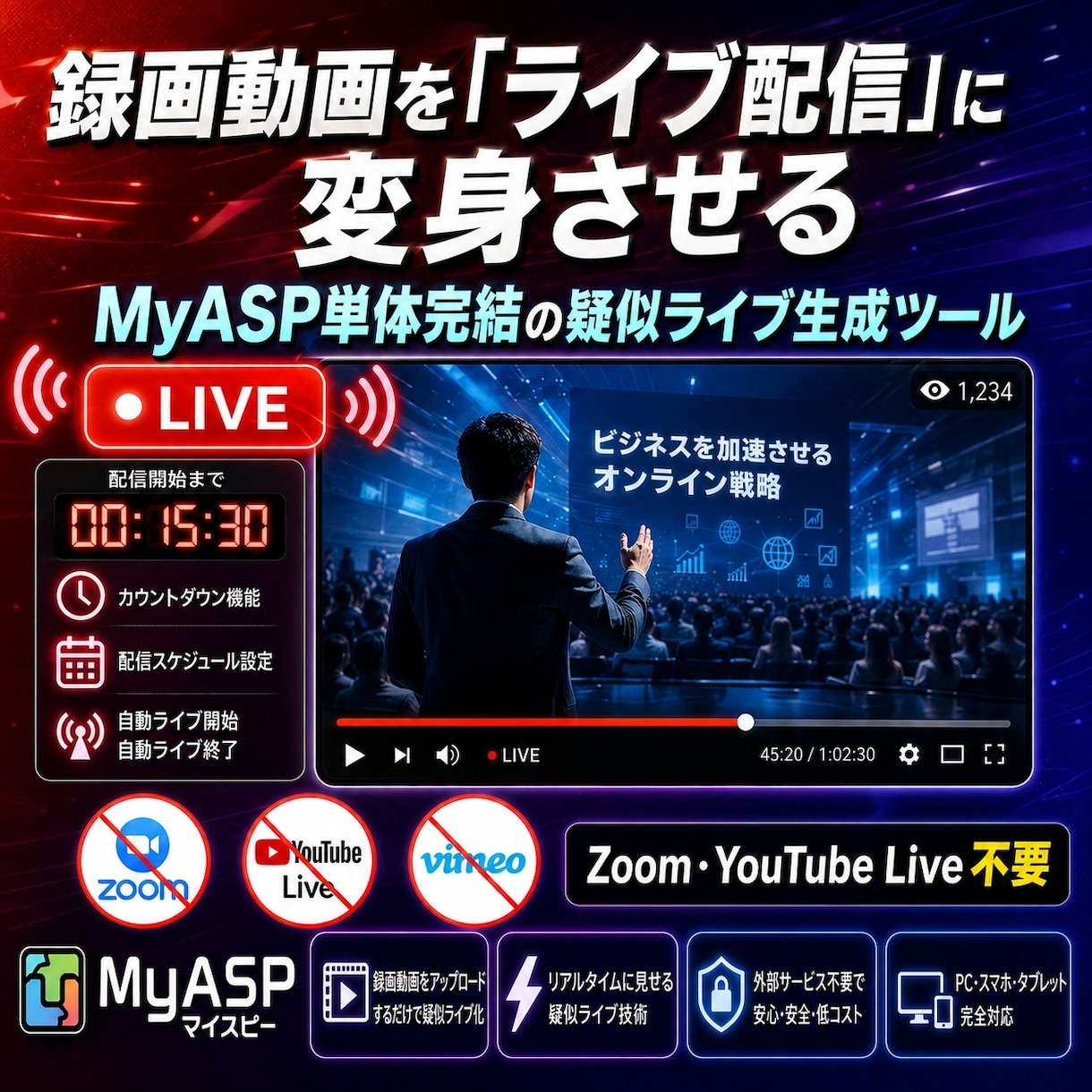 MyASP専用の疑似ライブ配信をツール提供します Vimeo・YouTube不要｜録画をリアルタイム風配信化｜ イメージ1