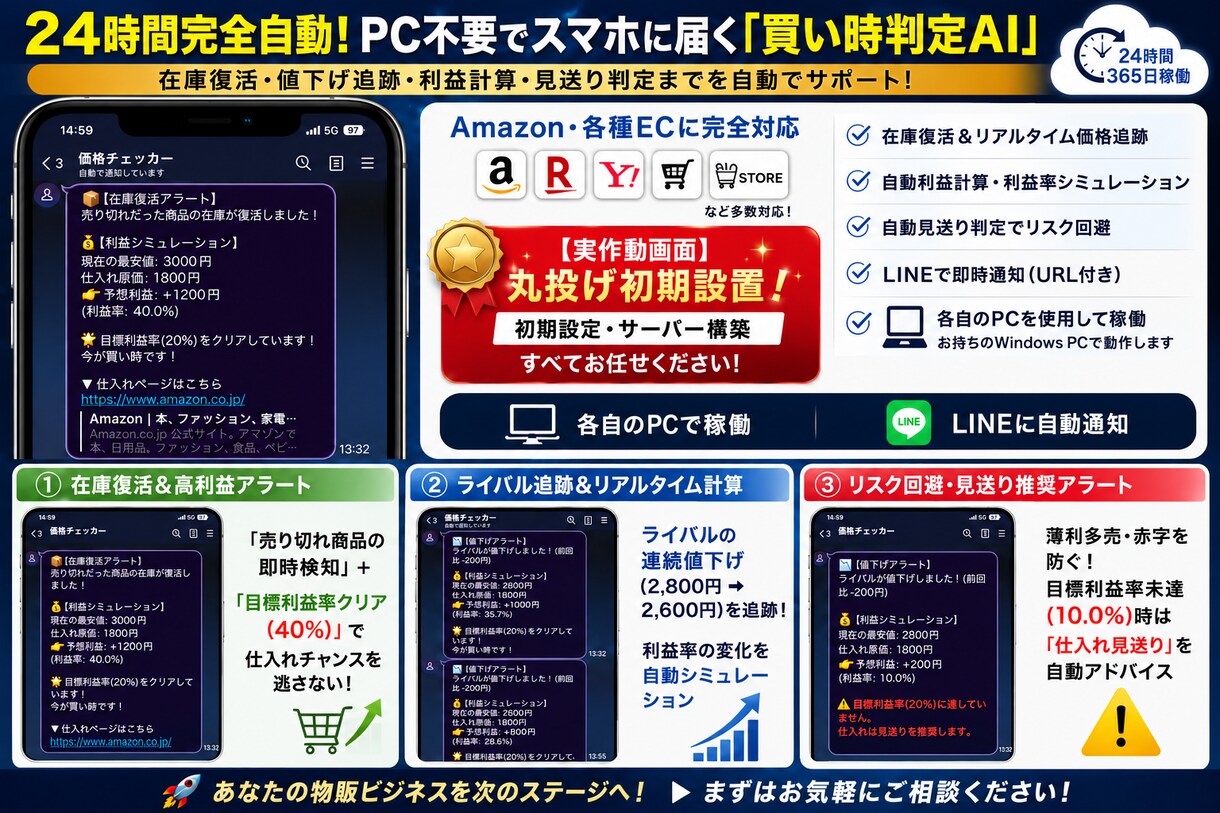 Amazon価格監視LINE通知Bot作ります 【月額費0円・PC起動型・利益計算付き】 イメージ1