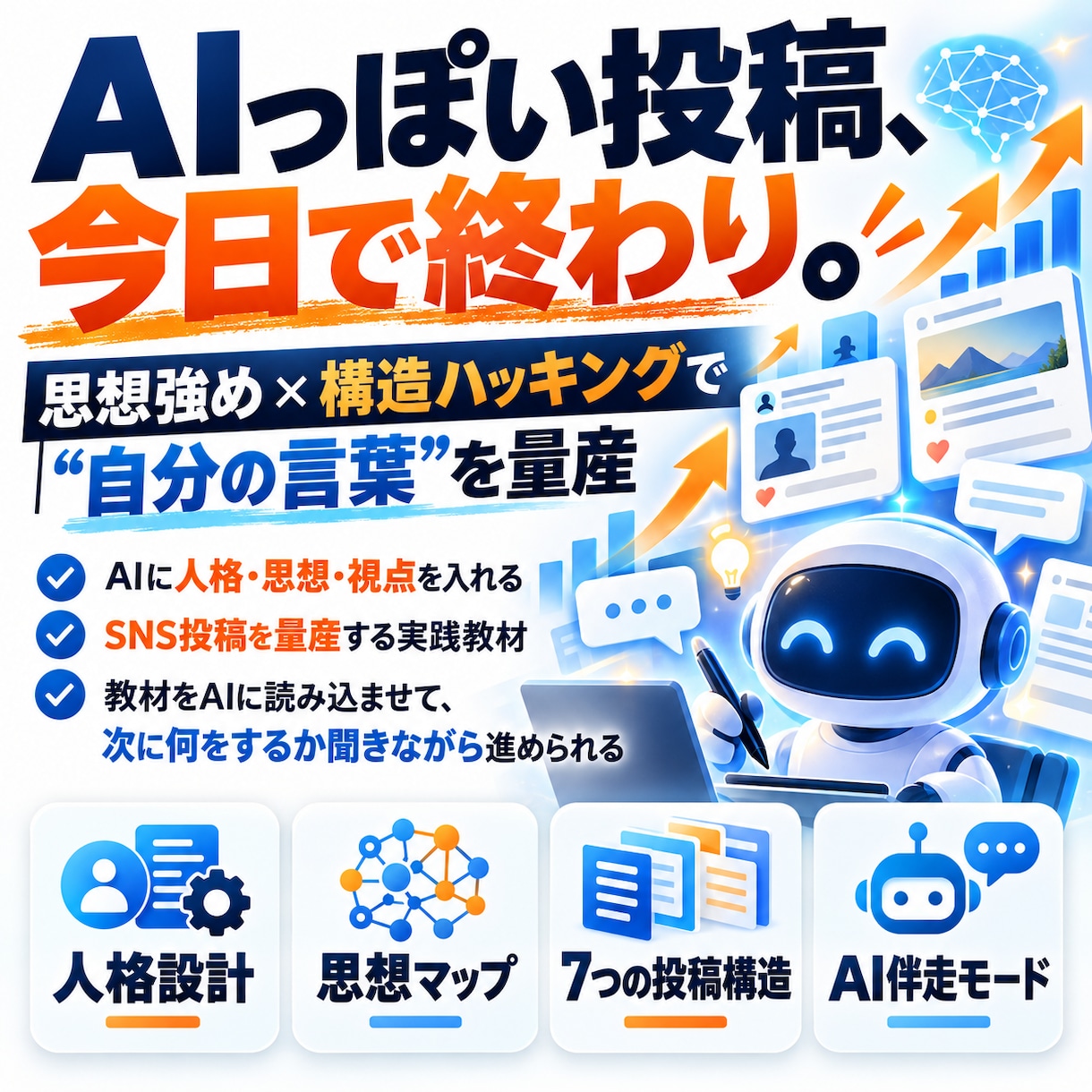 AI臭のない個性あふれるSNS投稿を量産します 強め×構造ハッキングで「自分の言葉」をAIに作らせる イメージ1