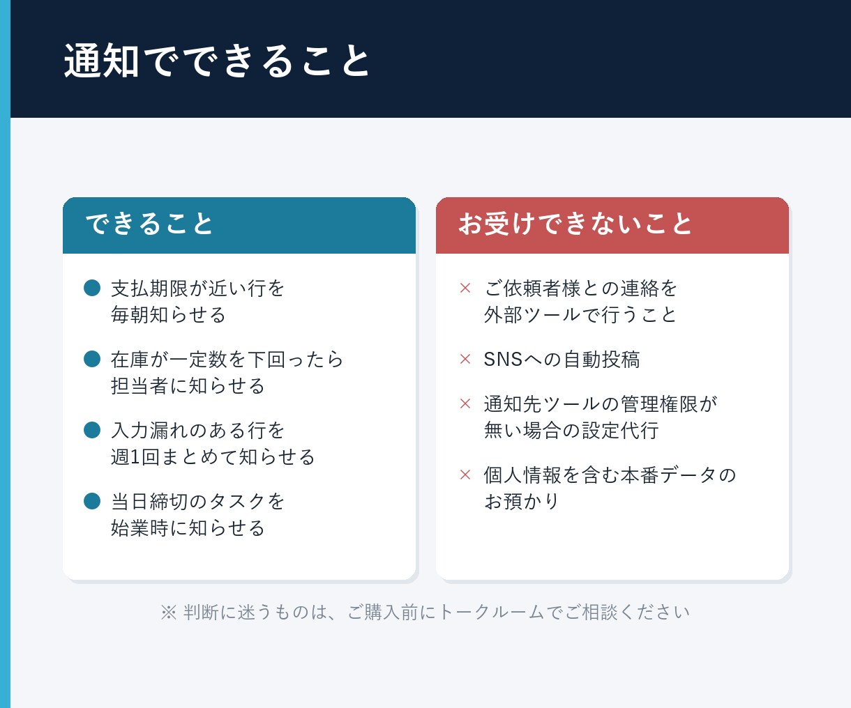 スプレッドシートの見落としを自動通知にします 期限切れ・在庫切れ・未入金を、気づく前に知らせます イメージ2