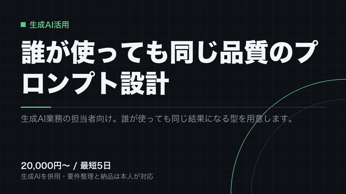誰でも同じ品質で使える業務プロンプトを設計します 属人化したAI活用を、社内で共有できるプロンプトに整えます イメージ1