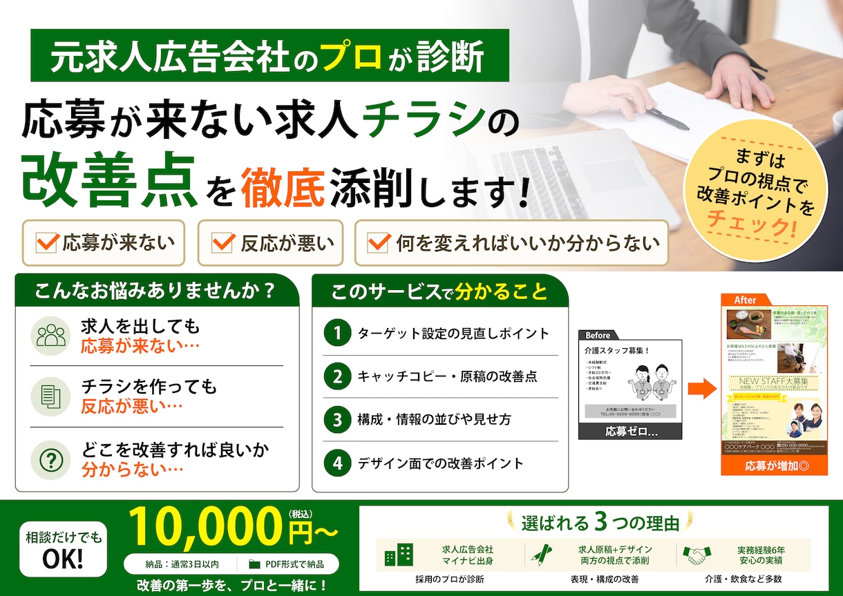 応募が来ない求人チラシの改善点をプロが添削します 元求人広告会社の視点で“応募が来ない原因”を明確に◎ イメージ1