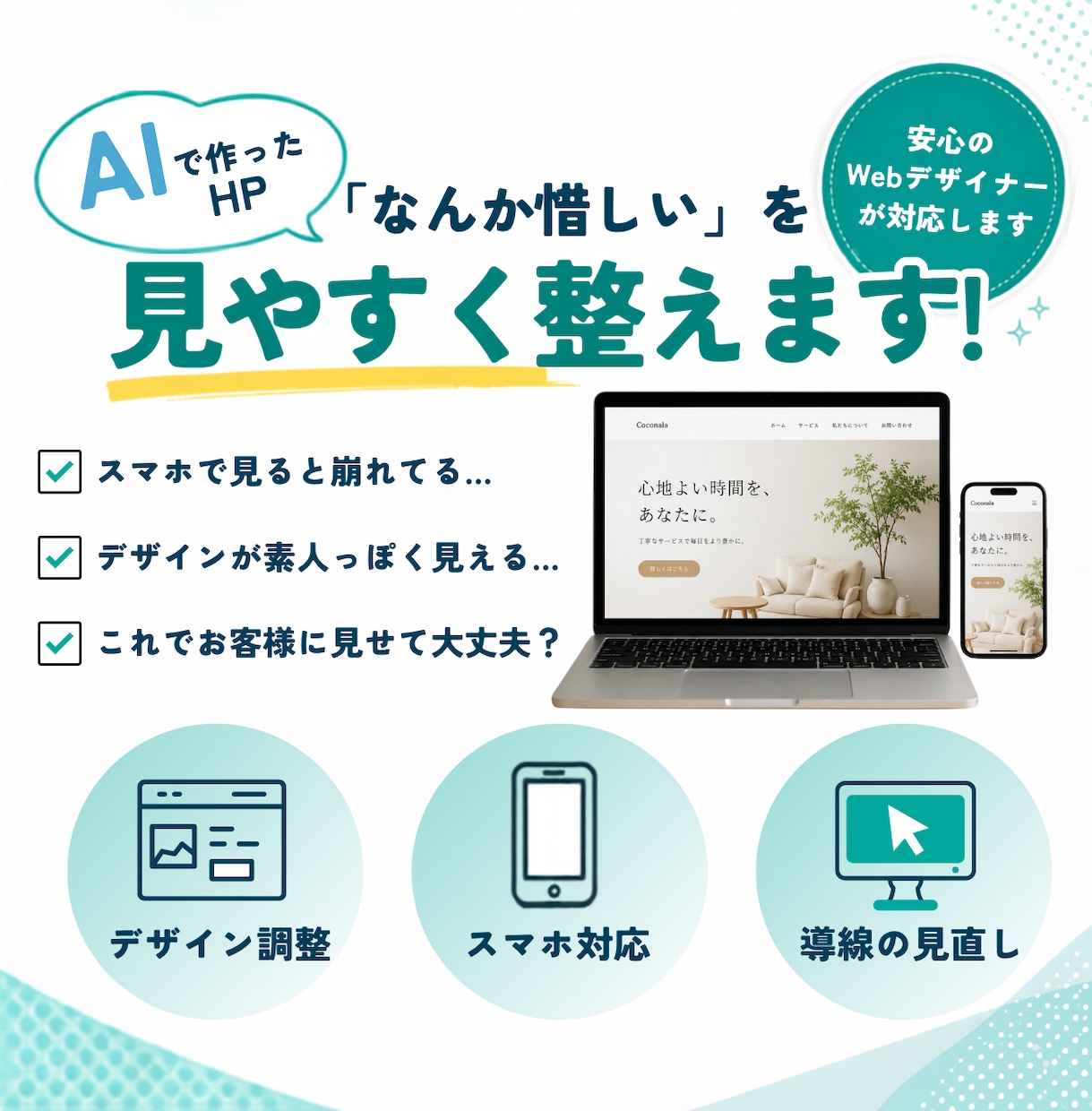 AIで作ったHPを見やすく整えます デザインやスマホ表示の「あと少し」をプロが整えます イメージ1