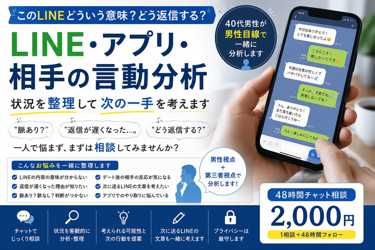 LINEや相手の言動を男性目線で一緒に分析します 決めつけず状況を整理して次の一手を考えます イメージ1