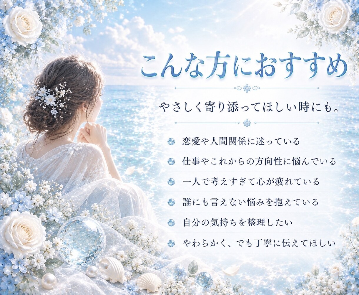 霊視であなたの心に寄り添い丁寧に鑑定いたします 生年月日不要 お悩みや迷いに必要なメッセージをお伝えします イメージ4