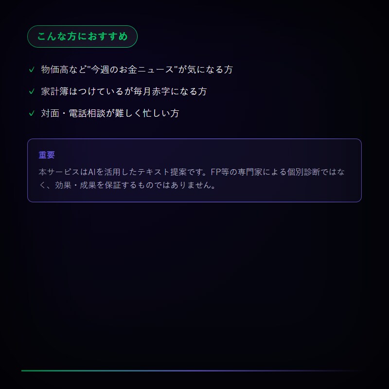 AIがあなた専用の「週間予算プラン」を作成します アンケートに答えるだけ。収入・支出から週間予算プランを作成 イメージ3