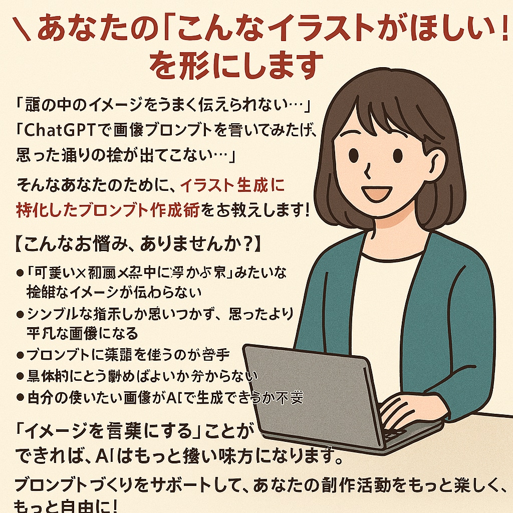 ChatGPTで意図するイラスト作りサポートします 画像作成する為の具体的なプロンプトをお教えします イメージ1