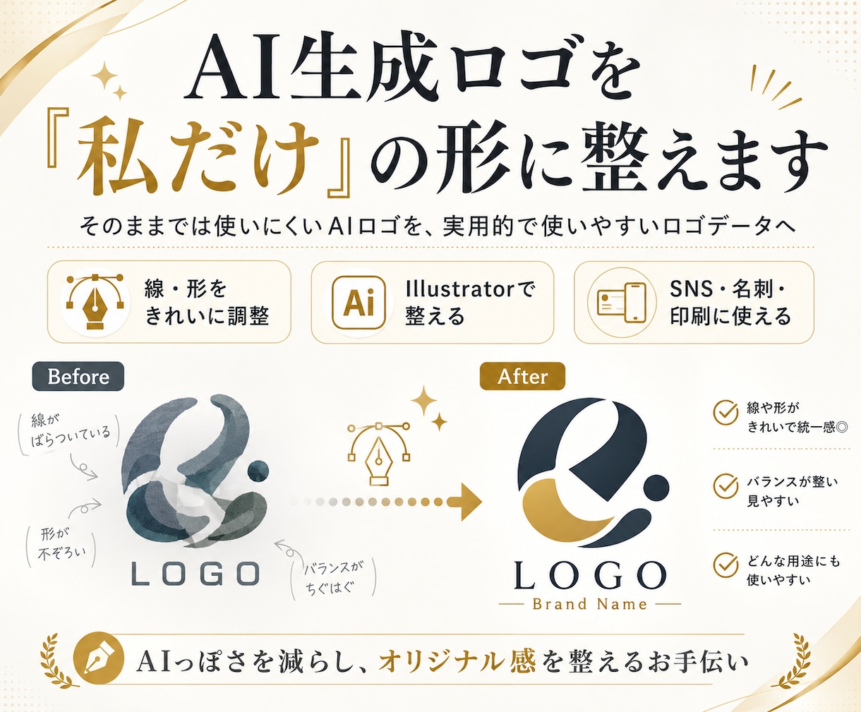AI生成ロゴを「私だけ」の形に整えます AIで作ったロゴを、実用的で使いやすいデータへ修正します イメージ1