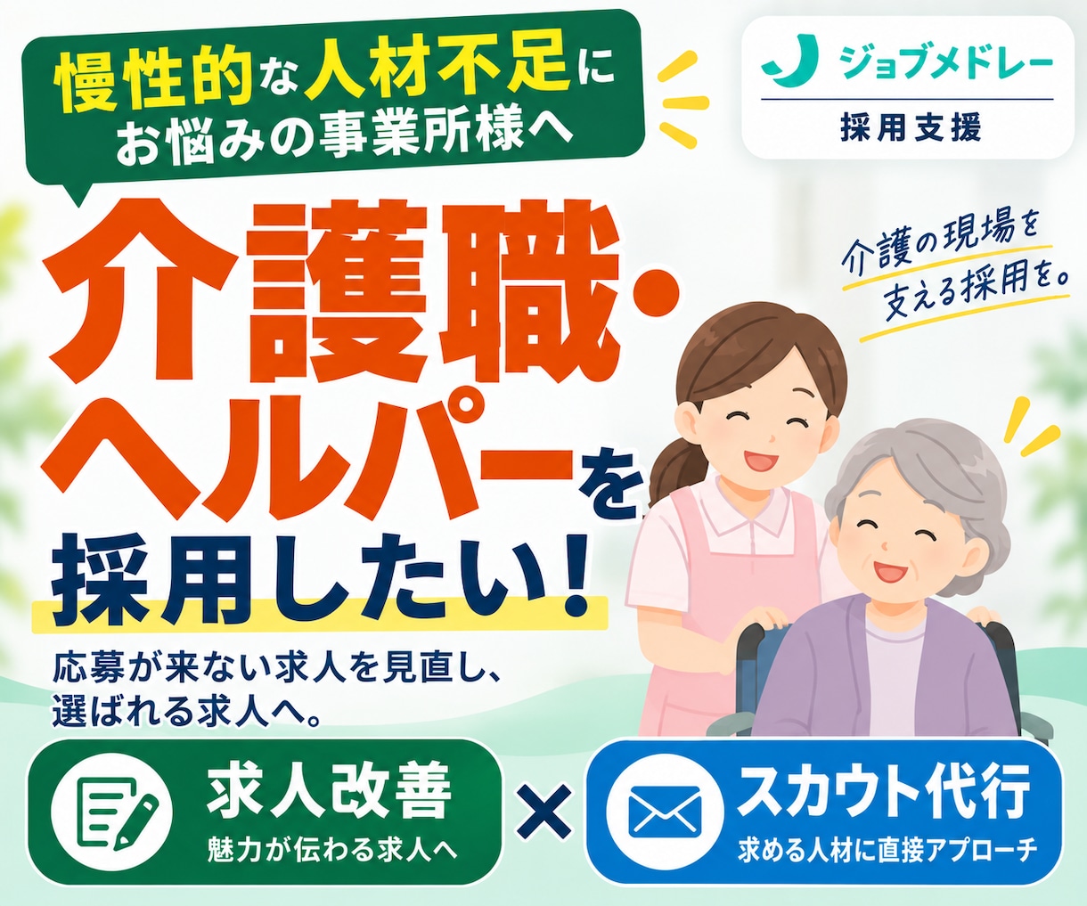 30日間【介護職】のジョブメドレー採用を代行します ｜慢性的な人手不足に｜求人改善＋スカウトでヘルパー採用を支援 イメージ1