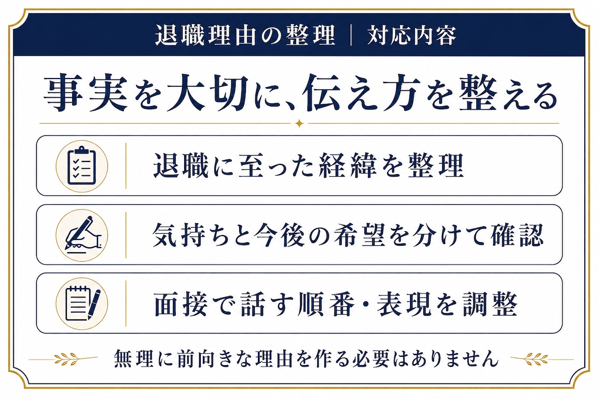 面接で伝える退職理由を一緒に整理します 言いづらい事情も、事実を大切に伝わる回答へ イメージ2