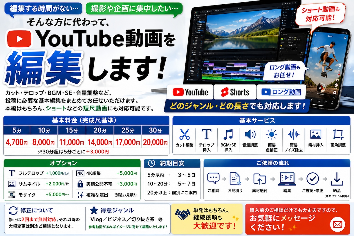 最短3日納品｜動画をプロ品質に編集します 撮って送るだけ。あとはお任せください！ イメージ1