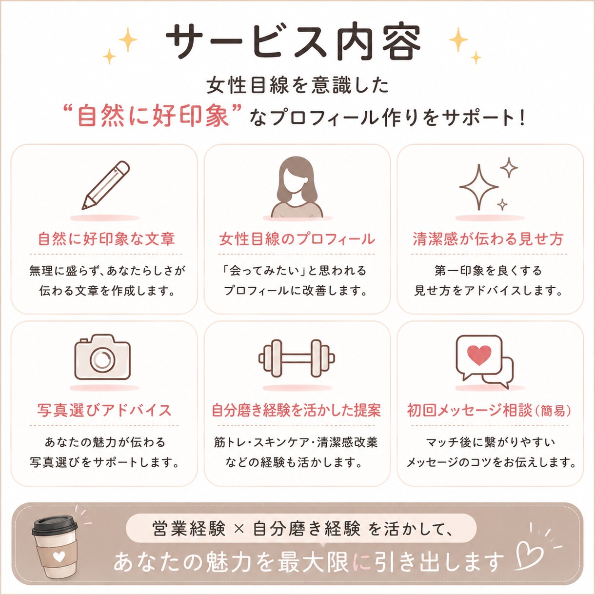 恋愛初心者向け｜アプリプロフィール改善します 「いい人そう」で終わらないプロフィールへ イメージ3