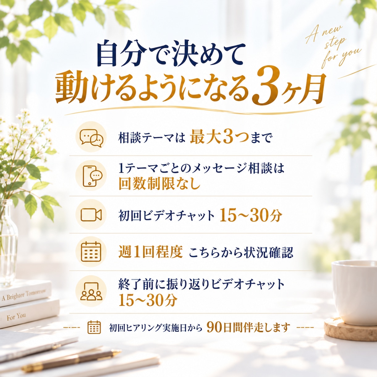 迷いを整理し自分で決めて動けるまで伴走します 3か月、決断から行動・振り返り・修正まで伴走します イメージ3