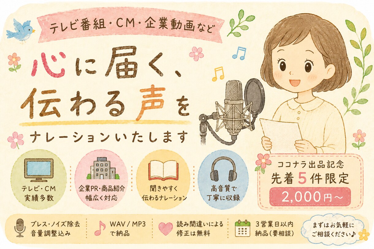 TV・CM実績多数♪心地よい声をお届けします 【期間限定価格】企業動画・CM・YouTubeなど幅広く対応 イメージ1