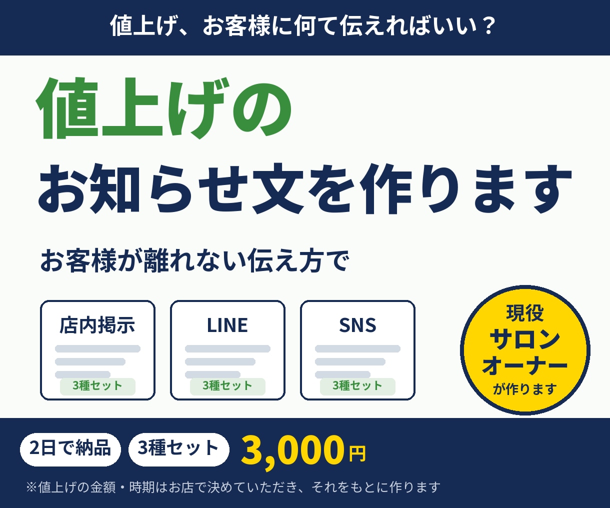 お客様が離れない値上げのお知らせ文を作ります お店の値上げ、言いにくいお知らせ文を3種作ります イメージ1