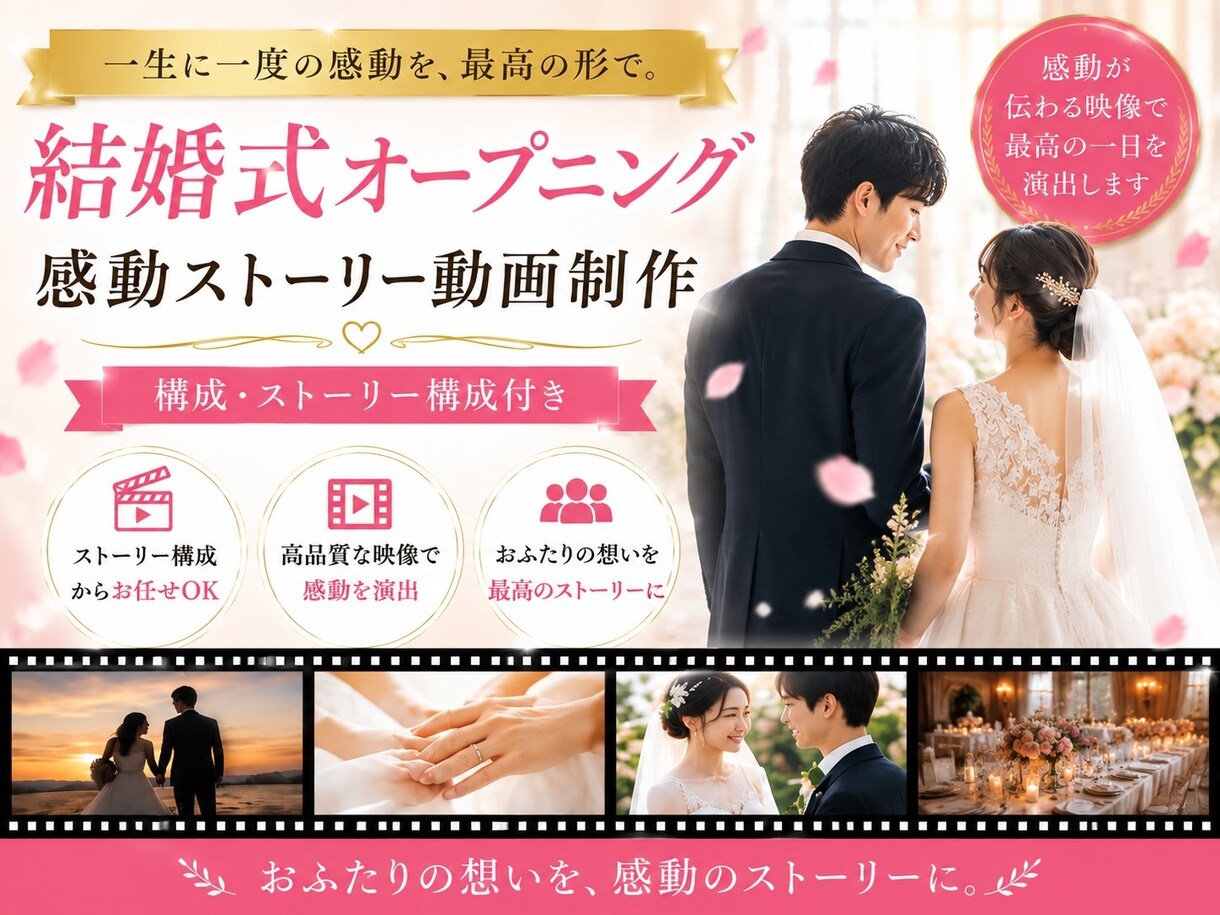 結婚式をオープニングで盛り上げる”煽りV”作ります 一生に一度の大切な瞬間を、“物語”として残します！ イメージ1