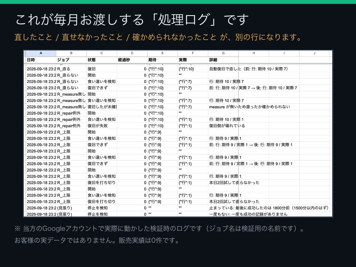 GASが静かに止まるのを防ぐ部品を渡します 貼って2行足すだけ。打合せ不要。実機で21項目テスト済み イメージ2