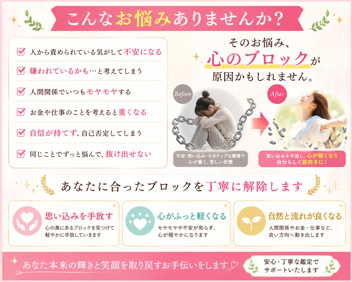 不安・人間関係・お金の悩みのブロック2個解除します 仕事人間関係恋愛結婚お金全てのお悩み解消！ イメージ2