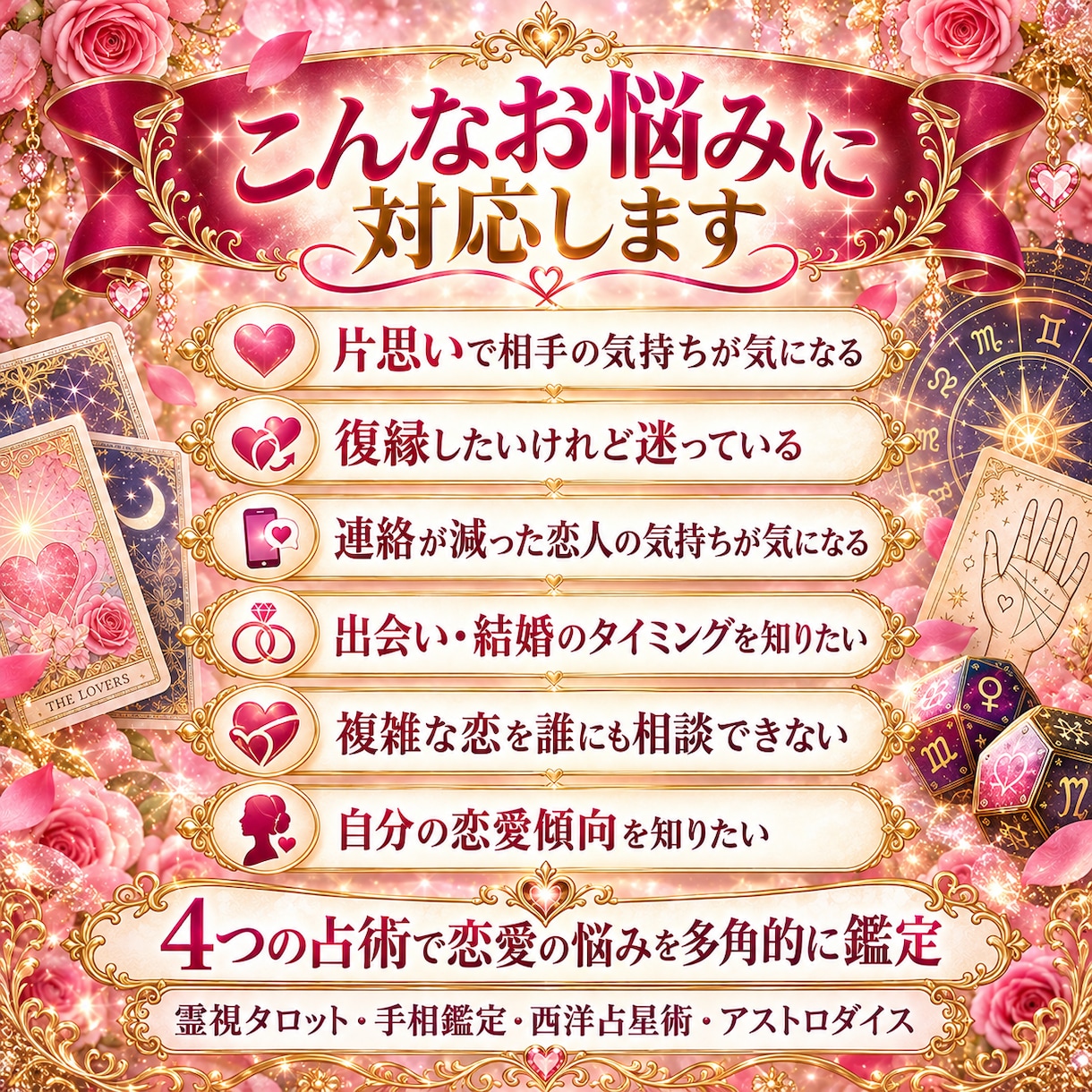 恋の迷いを四つの占術で自信ある一歩に変えていきます 鑑定歴10年以上・累計3000件超の経験で恋愛を多角的に鑑定 イメージ2