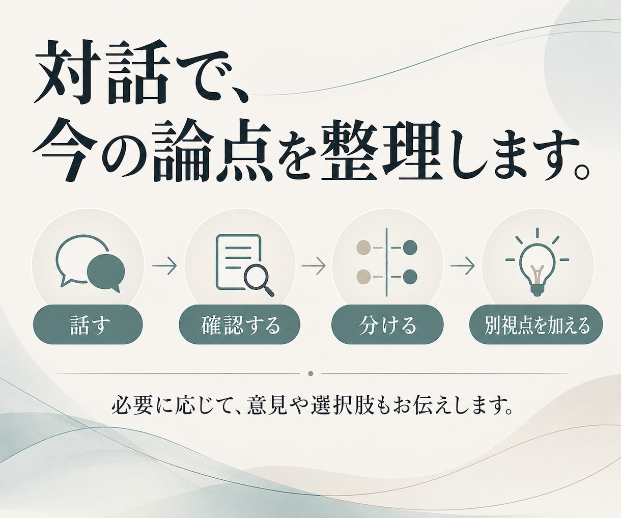 起業・事業の壁打ち｜今考えることを整理します 行政・民間企業・起業・法人経営の経験から、質問と別視点で整理 イメージ3