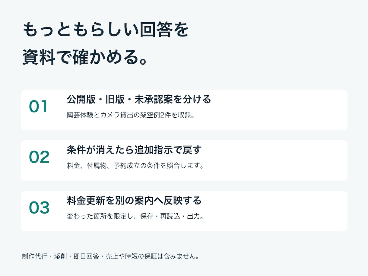 AIでFAQと案内文を作る教材を届けます 旧料金・未承認案を分け、比較と追加指示を2題材で練習 イメージ3