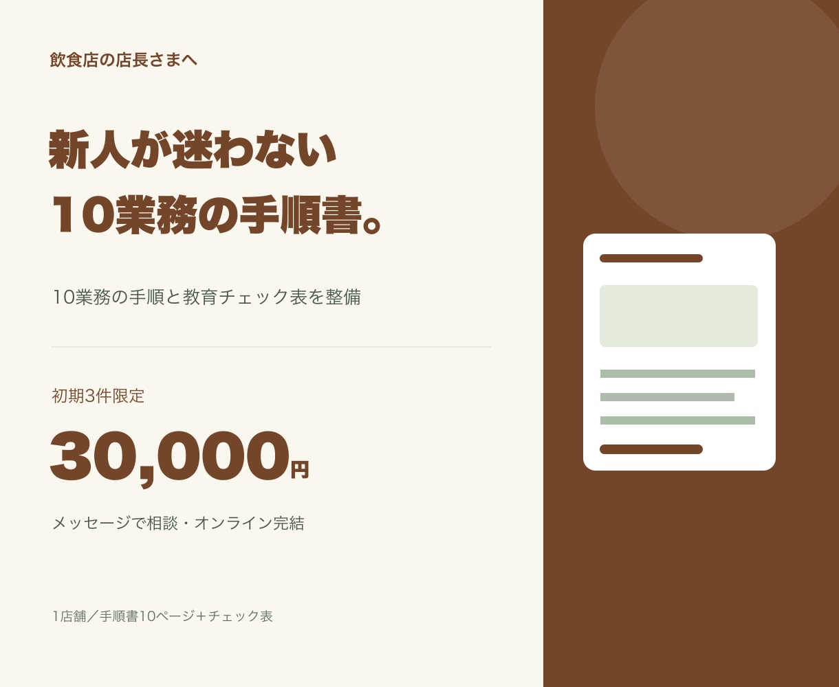 飲食店の新人が迷わない手順書を作成します 10業務の手順と教育チェック表を整備 イメージ1