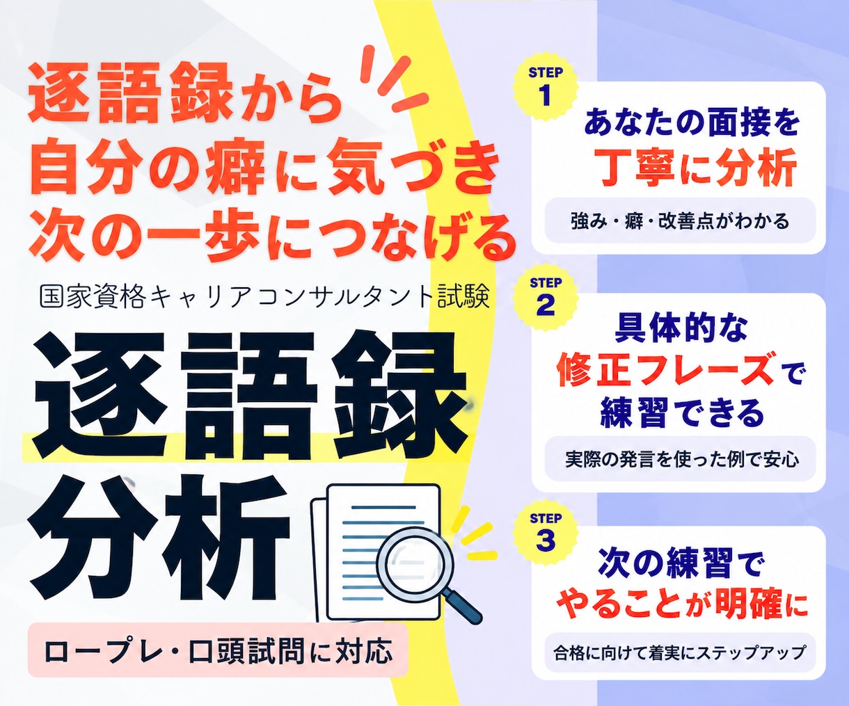 ロープレ逐語を添削！キャリコン面接試験を支援します 逐語録から良かった点・繰り返す癖を分析、評価レポートを作成 イメージ1