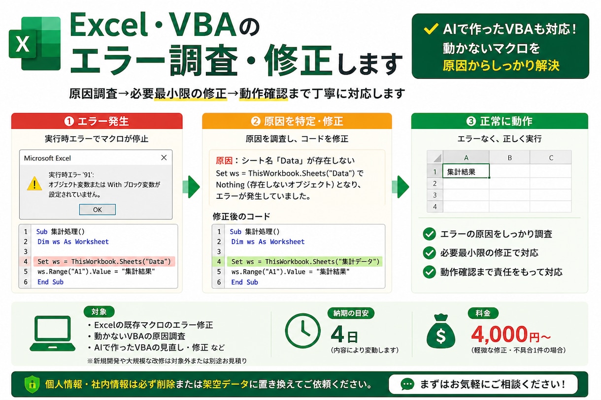 Excel・VBAのエラー原因を調査・修正します 動かないマクロやAIで作ったVBAも対応します イメージ1