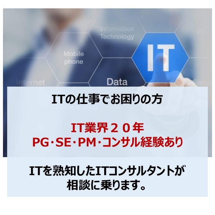 IT関連の仕事でお困りの方！相談に乗ります 経験豊富なITコンサルタントがお困りごとを解決します！ イメージ1