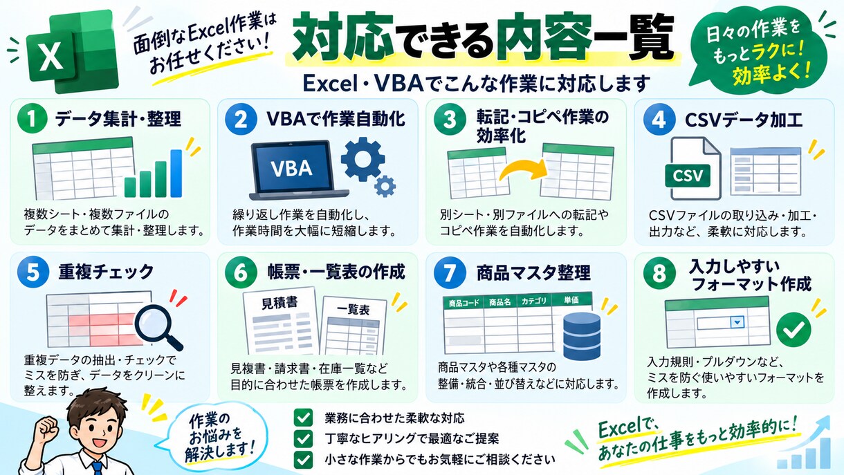 Excelの定型作業を自動化しますます 集計・転記・帳票作成をラクにします イメージ3
