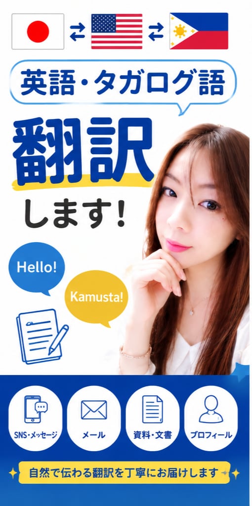 英語⇔日本語・タガログ語⇔日本語の翻訳をします 機械翻訳では伝わりにくいニュアンスで自然な文章に仕上げます イメージ1