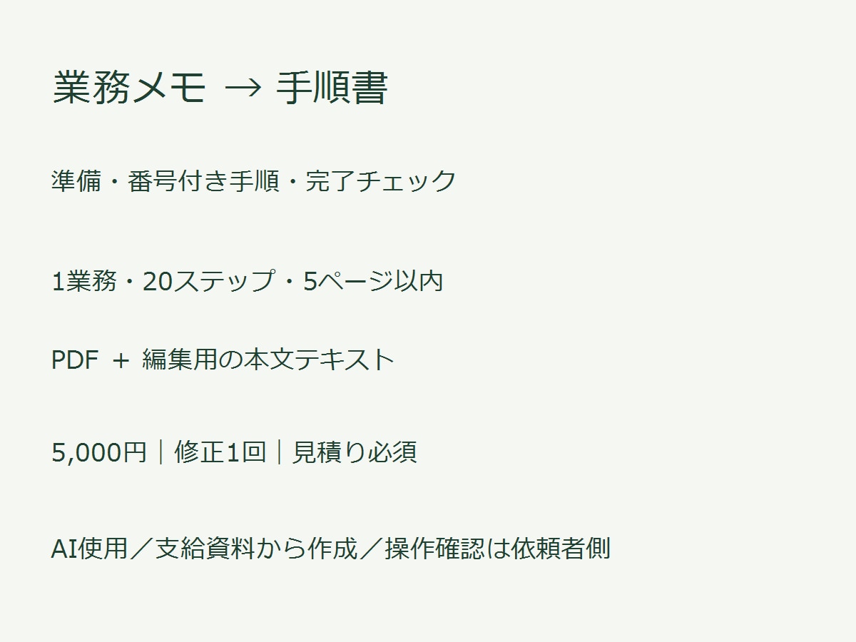 業務メモを手順書とチェック表にまとめます 1業務・5ページまで／引き継ぎ資料を整理 イメージ1