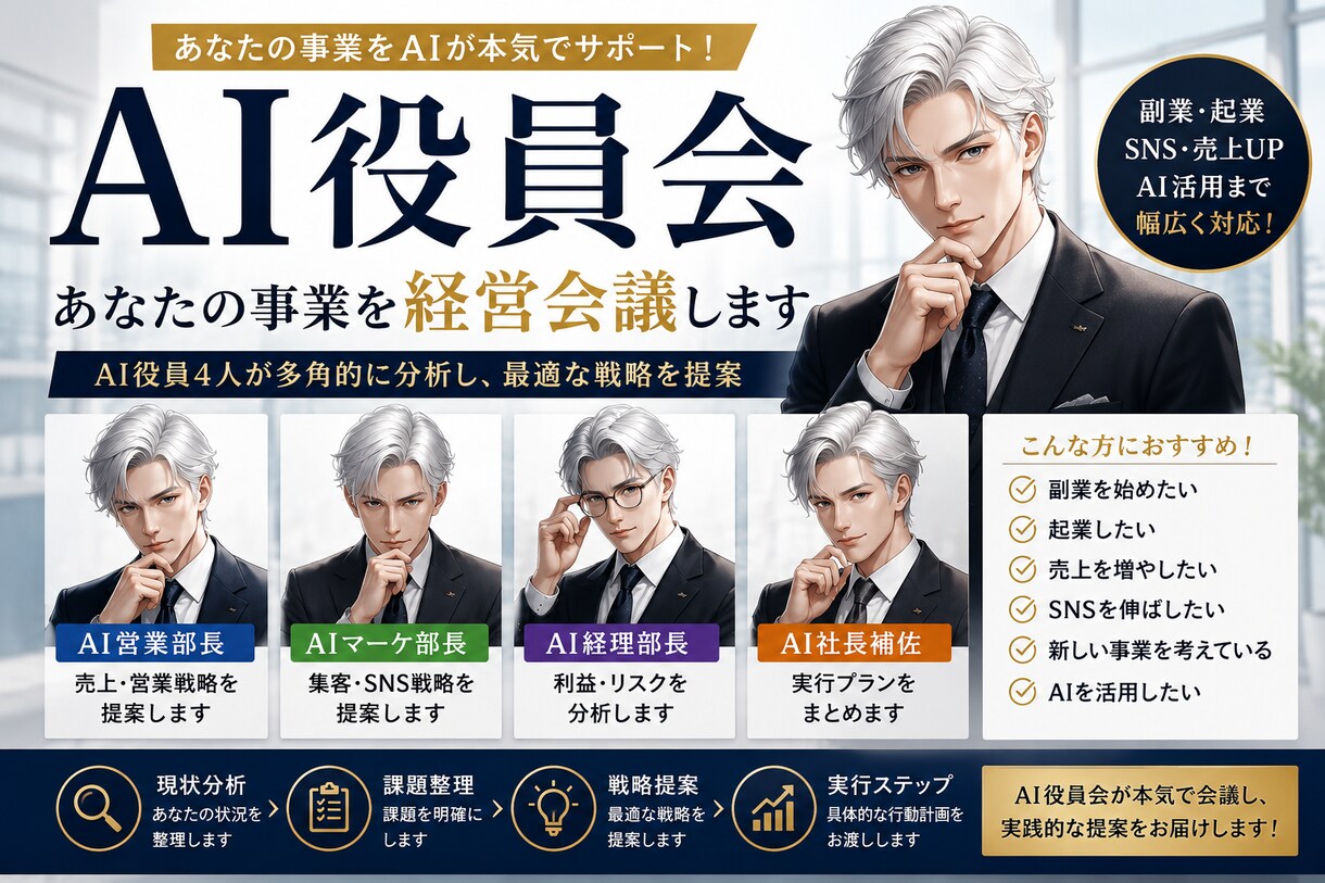 AI役員4人があなたの事業・副業を経営会議します AI営業・AIマーケ・AI経理・AI社長補佐が戦略を提案 イメージ1
