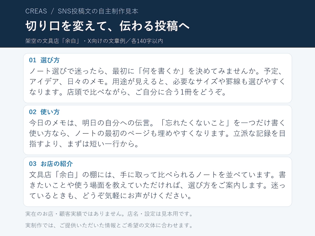 SNS投稿文20本をまとめて作成します 投稿文＋投稿順と目的｜書き出し案・修正2回 イメージ2