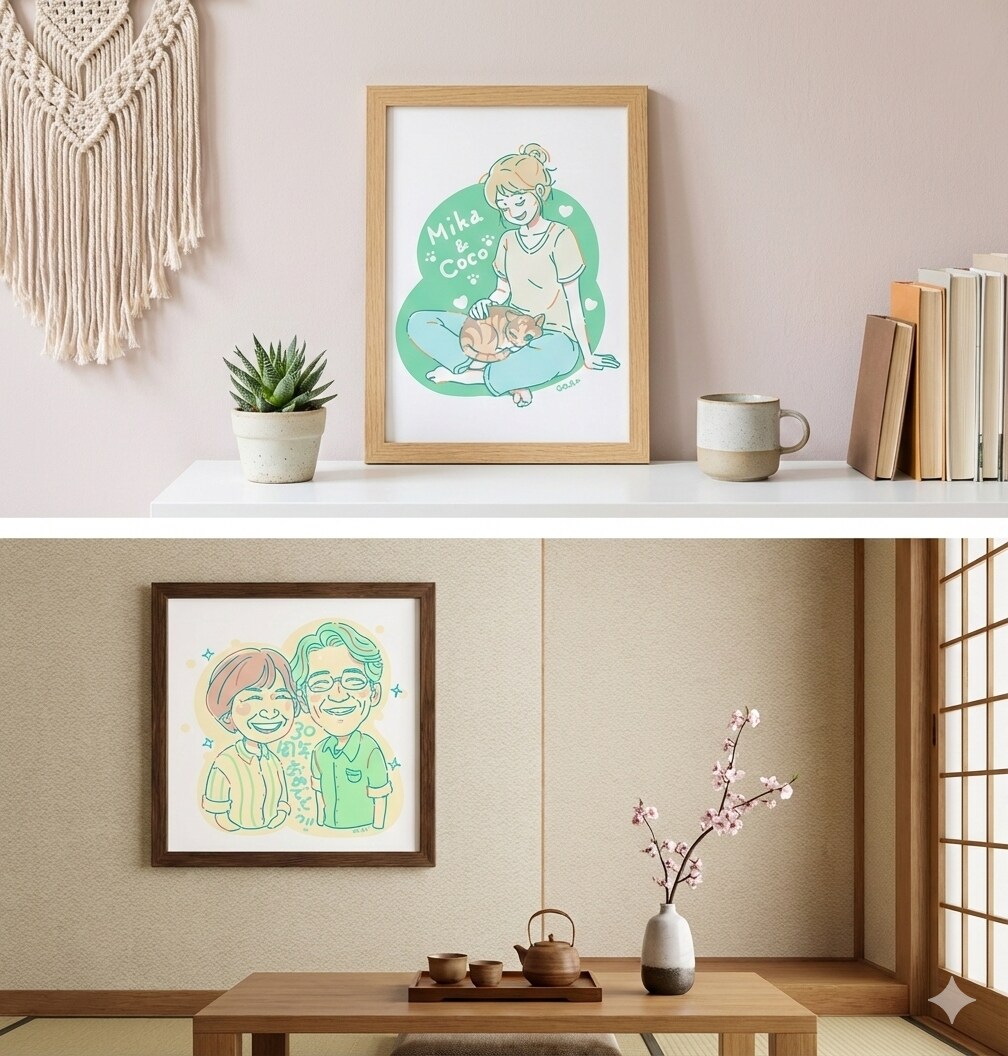 お洒落で温かいニューレトロ似顔絵イラスト描きます バラバラの写真も一枚絵に！雑貨のようなお洒落なギフト似顔絵 イメージ3