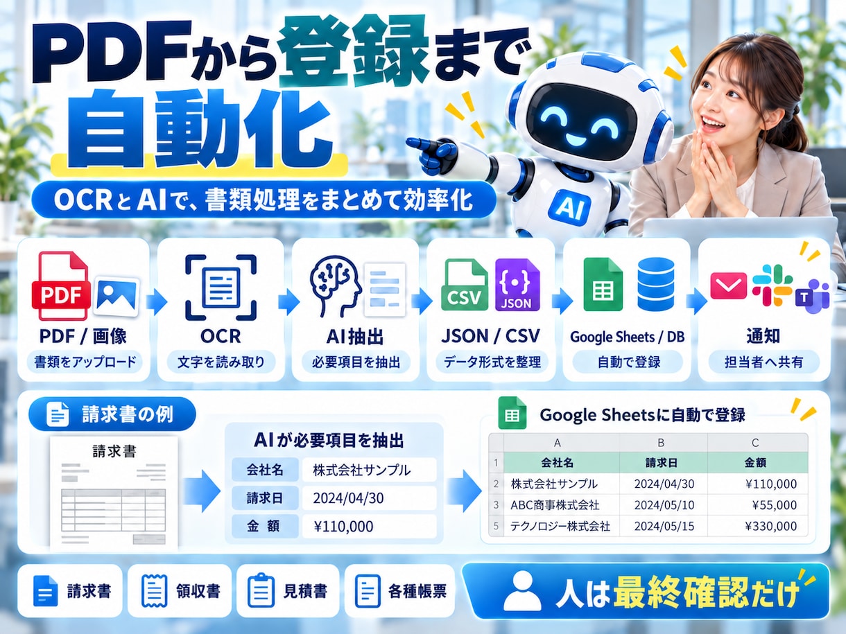 PDF・請求書・帳票をAIで自動データ化します 100枚の請求書入力を、「アップロードして確認するだけ」に。 イメージ3