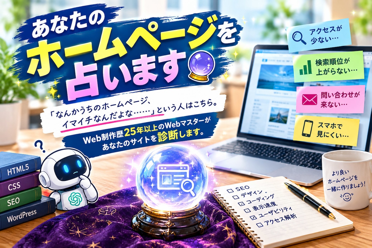 あなたのホームページを占います 「なんかうちのホームページ、イマイチ…」という方はこちら。 イメージ2