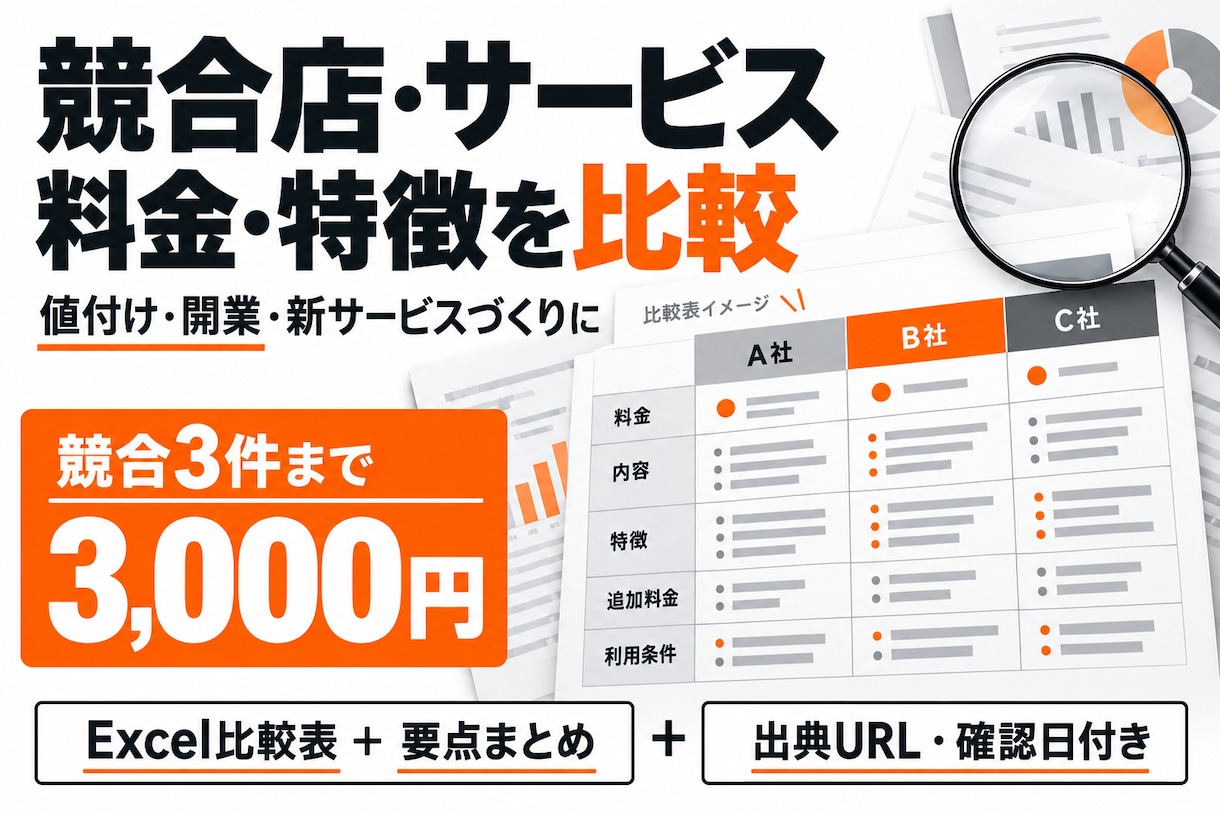 競合店やサービスの料金・特徴を比較します 値付け・開業・新サービスづくりに。出典付きで整理 イメージ1