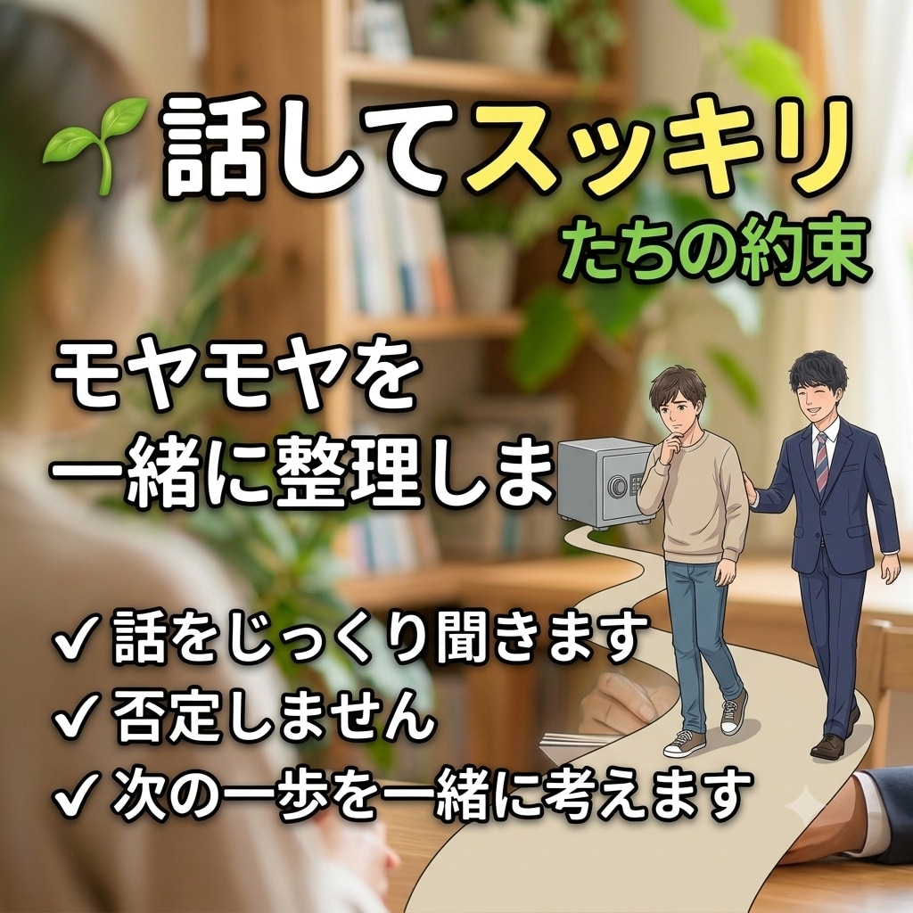 あなたのお悩みじっくりお聞きします 考えすぎて動けないあなたへ。小さな一歩を一緒に見つけます イメージ1