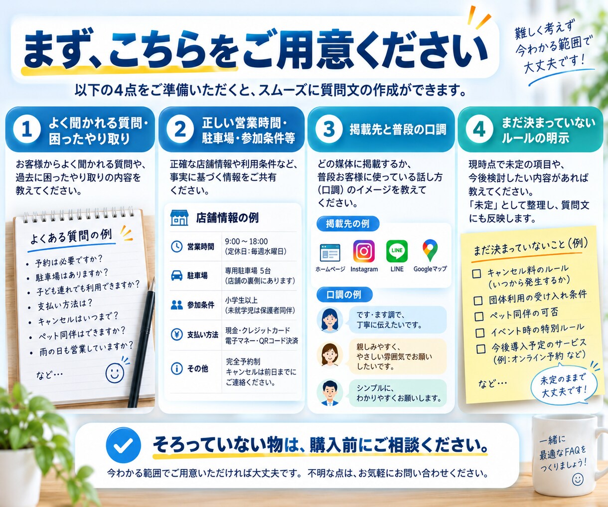 お店のよくある質問と回答を整えます 何度も聞かれることを、先に読める案内へ イメージ6