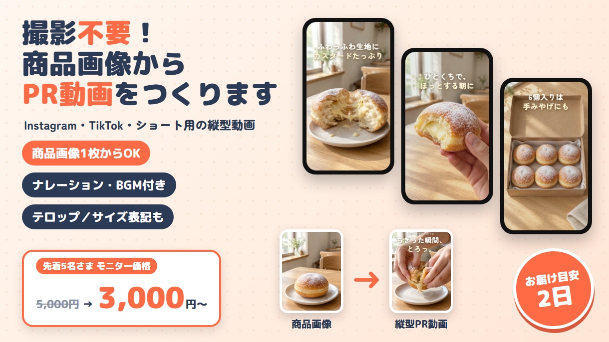 撮影不要！商品写真1枚から縦型PR動画を作ります お届け目安2日｜ナレーション・BGM・テロップ付き イメージ1